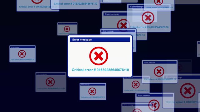 Multiple computer error message pop-up windows with cross. Glitching multiple computer error message pop-up windows for malware bugs. Cyber computer error windows.