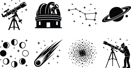Astronomy and Space Exploration Vector Icon Set Featuring Telescope Observatory Constellation Saturn Moon Phases and Meteor Silhouettes © Rahen