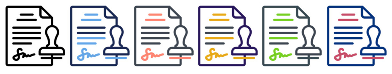 Obraz premium Signed contract document with rubber stamp line icon set. Colorful legal agreement form with handwritten signature and stamper tool symbol