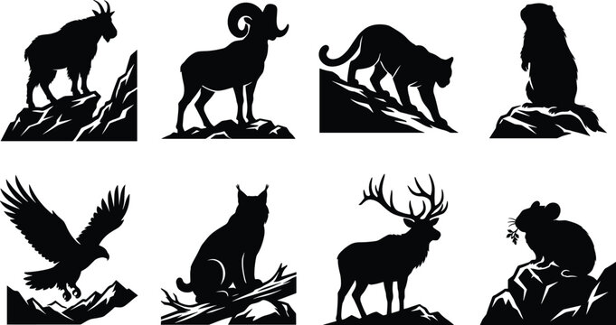Mountain animals vector silhouette icon set featuring mountain goat bighorn sheep cougar marmot eagle lynx elk and pika