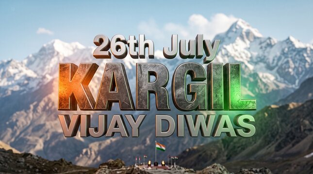 3D Kargil Vijay Diwas Commemorative Banner with Mountain Background and Glowing Effects