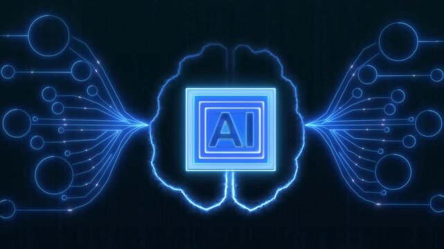 AI chip inside a stylized brain with blue circuitry links. High tech AI chip inside a stylized brain for deep learning microchips. Advanced AI chip inside brain.