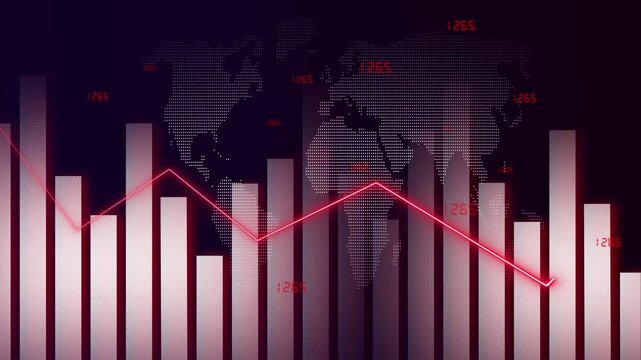 Falling red graph line over bar chart and digital map. Financial falling red graph line over bar chart for worldwide market crashes. Analytical falling red graph line.