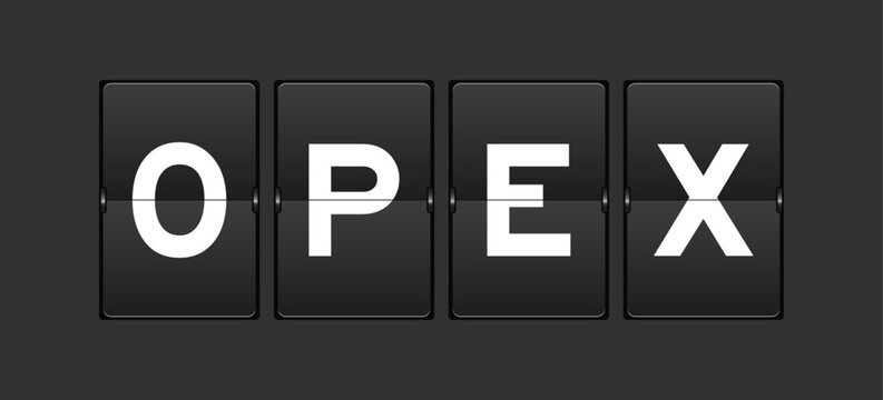 Black color analog flip board with word OPEX (abbreviation of operating expense) on gray background