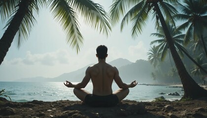 Fototapeta premium Man Meditating on Tropical Beach at Sunrise