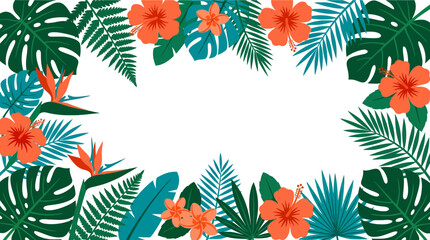 Tropical frame with hibiscus flowers and palm leaves © bordy