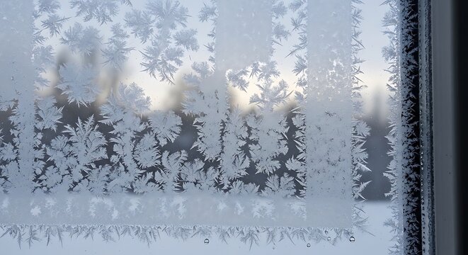 Frost patterns on a window pane during a cold winter day