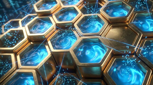 Decentralized Ecosystem: Golden Hexagonal Hive Infrastructure with Glowing Digital Data Flow