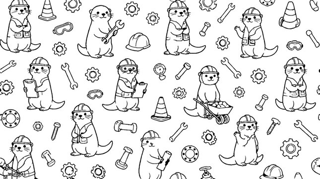 Playful otters with construction tools and gears pattern.