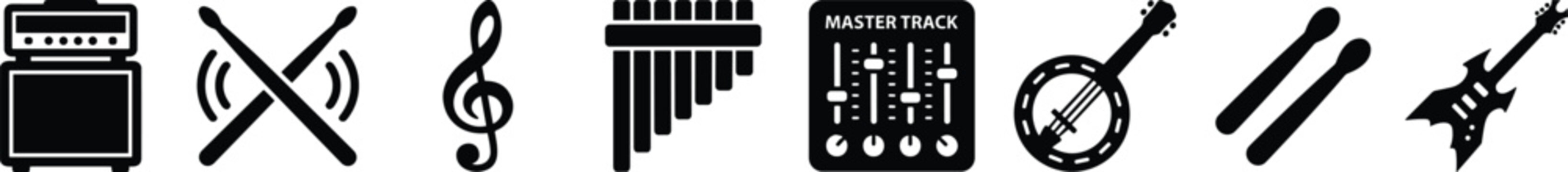 Musical Instruments and Audio Equipment Solid Glyph Icon Set with Guitar Amplifier Pan Flute Banjo Mixer and Drumsticks Elements