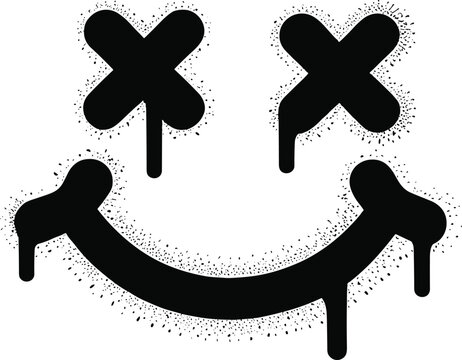 Graffiti spray painted smiley face icon with crossed eyes and dripping paint effect black vector element on white background