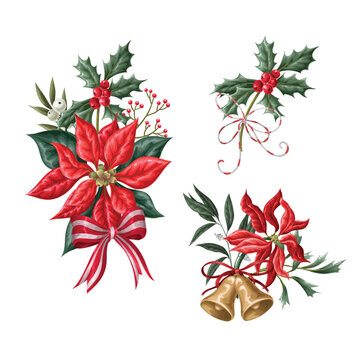 Christmas Flowers Elements Collection with Poinsettia Holly Botanical Ribbons Bells Festive Arrangement Design