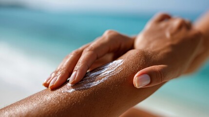Applying sunscreen on bronzed skin at the beach to protect from sunburn and make the most of a sunny day