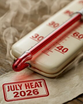 Close up view of a thermometer indicating elevated temperature with a summer heat stamp for warm weather concept