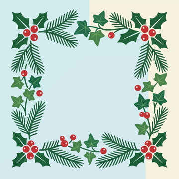 A festive winter frame with holly berries and pine branches