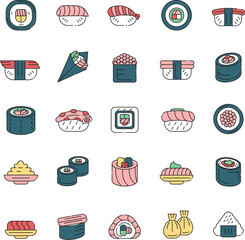 Japanese sushi icon set in flat color style. Collection of nigiri, maki rolls, traditional cuisine, and dining icons. Editable Vector icon collection. © AKS Studio