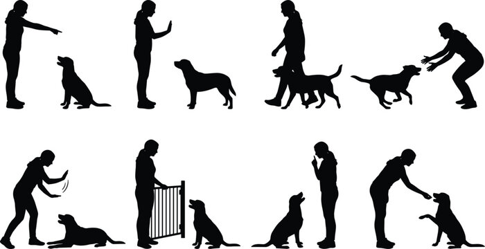 Black dog obedience training silhouette collection with commands, recall, walking, rewards, and pet behavior isolated on white background