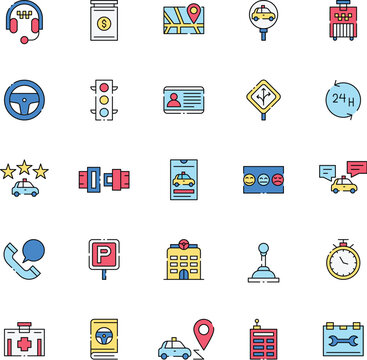 Taxi service icon set in flat color style. Collection of transportation, navigation, passenger support, and mobility icons. Editable Vector icon collection.