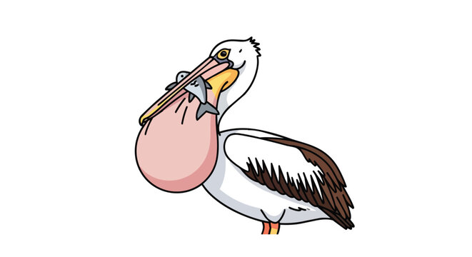 Cute Cartoon Pelican Standing with Large Fish inside Beak Pouch Coastal Bird Wildlife Graphic on White Backdrop