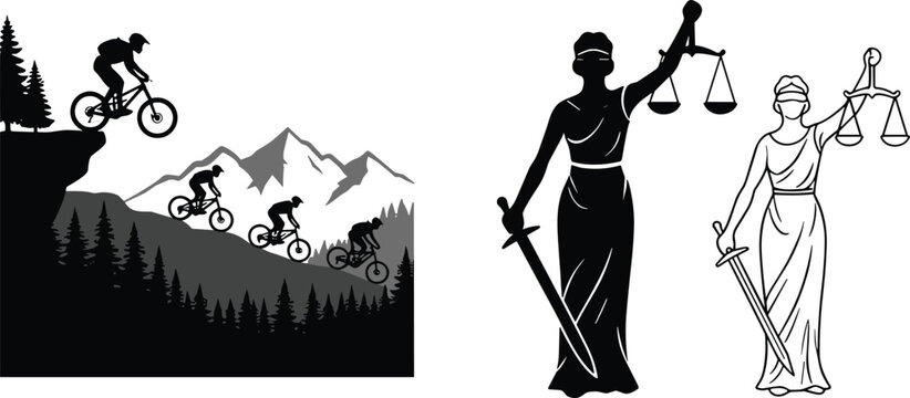 Mountain biking adventure and Lady Justice silhouette vector set featuring downhill cyclists and legal justice symbols collection