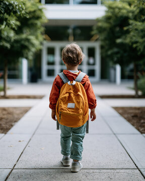 Little kid with bright yellow backpack heading to school on a sunny day full of energy and excitement