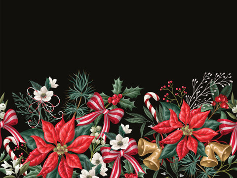 Christmas Flowers Border with Poinsettia Holly Bells Botanical Horizontal Beige Background Design