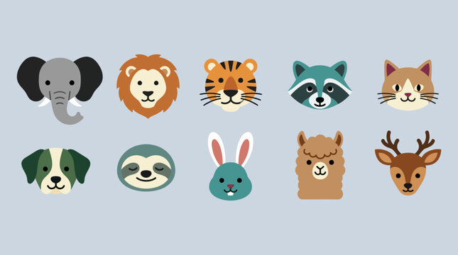 A collection of cute cartoon animal faces on a blue background
