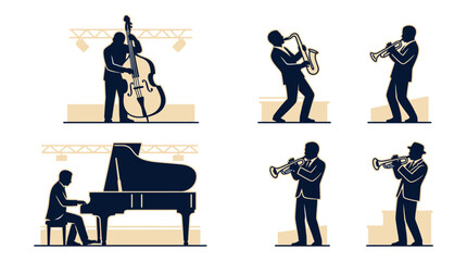 Silhouettes of jazz musicians playing instruments on a stage © dafe