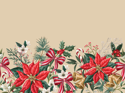 Christmas Flowers Border with Poinsettia Holly Bells Botanical Horizontal Beige Background Design