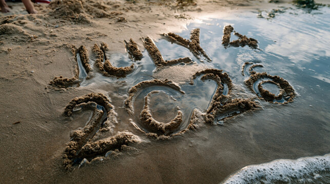 Beach celebration on july 4th with sand writing and water reflection