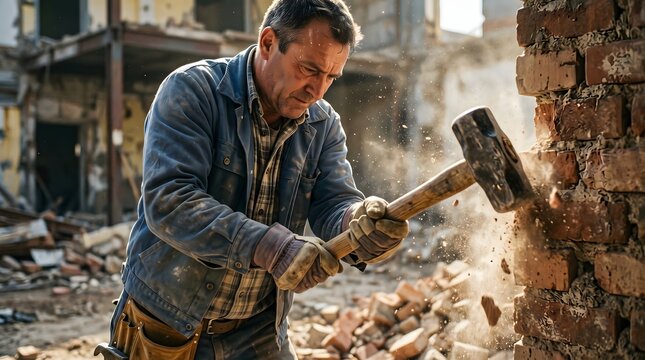 Skilled carpenter meticulously shaping wood with a hammer and chisel in a workshop setting.