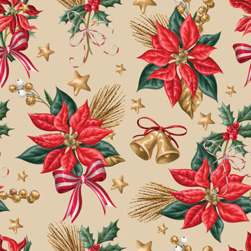 Christmas Flowers Seamless Pattern with Poinsettia Holly Botanical Bells Ribbons Festive Background Design