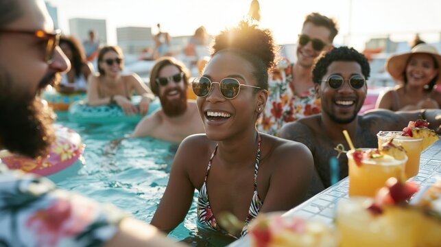Cheerful summer gathering by the pool with friends savoring vibrant drinks under the warm sun