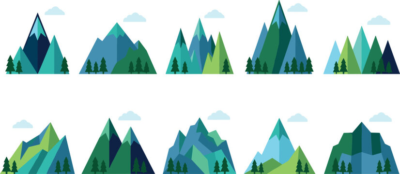 Geometric flat vector illustration collection of low poly mountains with pine trees and clouds for outdoor adventure landscape design isolated on white