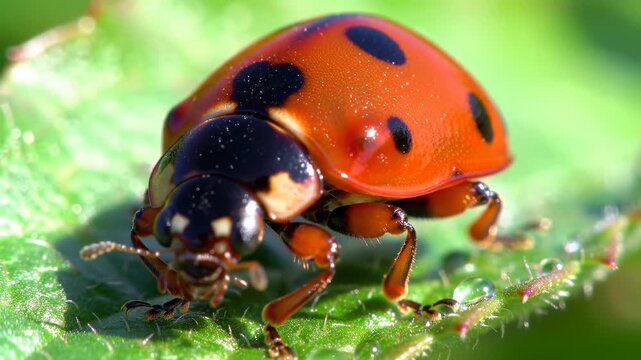 A close-up of two ladybugs mating on a green leaf