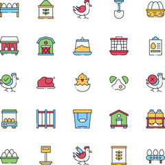 Chicken farm icon set in flat color style. Collection of hen, rooster, chick, egg, coop, hatchery, and agriculture icons. Editable Vector icon collection. © AKS Studio