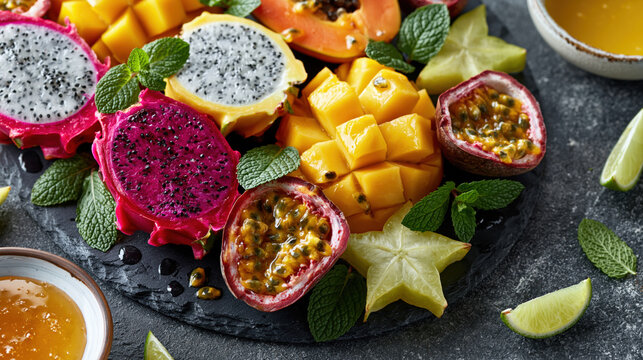 Colorful assortment of tropical fruits garnished with fresh mint displayed on a charming rustic table