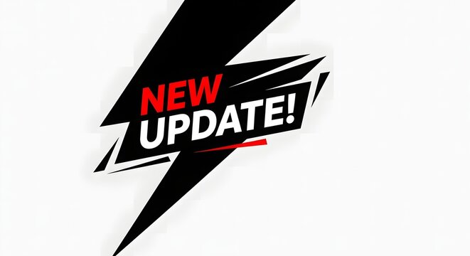 Black and white lightning bolt graphic with bold red new update announcement text on white background.