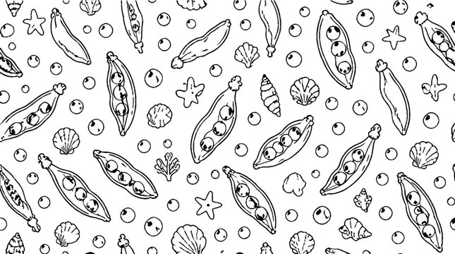Hand drawn seafood and shellfish pattern design.