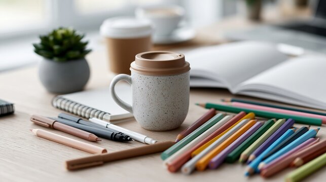 Cozy workspace with coffee mug stationery and colorful pens for creative inspiration and productivity