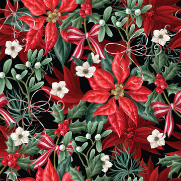 Christmas Flowers Seamless Pattern with Poinsettia Holly Botanical Bells Ribbons Festive Background Design