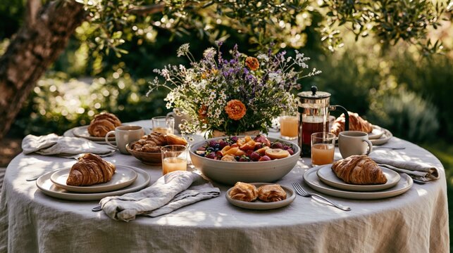 Charming outdoor brunch table adorned with fresh fruits delightful pastries and beautiful flowers under the warm sun