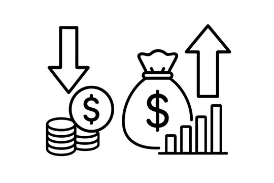 Financial growth and decline icon set with money symbols