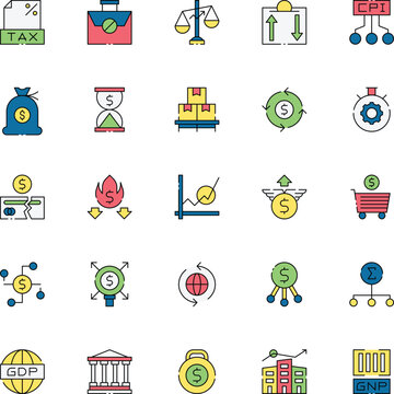 Macroeconomics icon set in flat color style. Collection of macroeconomics, economic indicators, fiscal policy, and global economy icons. Editable Vector icon collection.