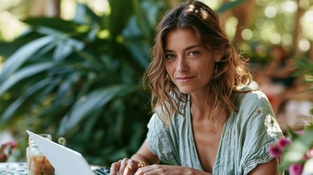 Thoughtful young woman using a laptop in a serene outdoor environment filled with vibrant greenery
