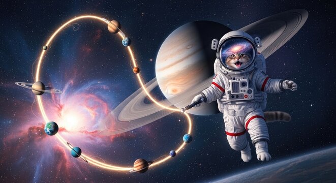Cute cat astronaut floating in outer space near Saturn with a glowing orbit of miniature planets