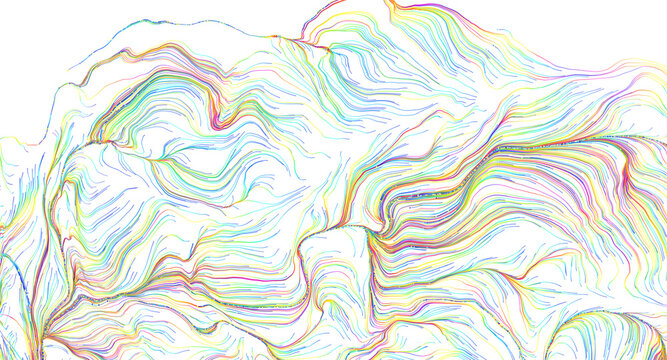 Dynamic abstract pattern of colorful flowing lines across a clean white background.