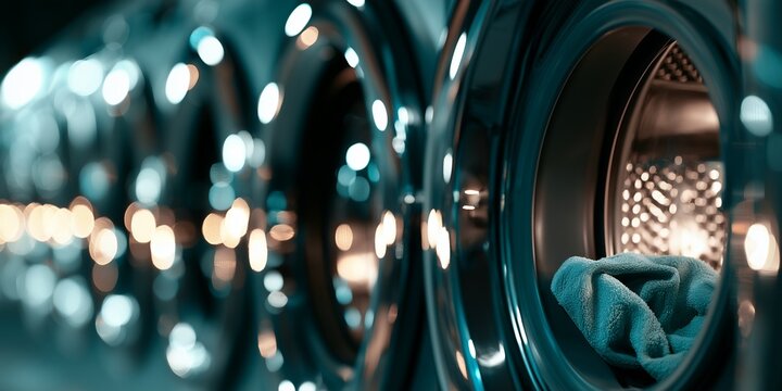 Close up of modern washing machines with bokeh lights and a blue towel inside the drum, concept for commercial laundry service, appliance advertising and household chores presentation