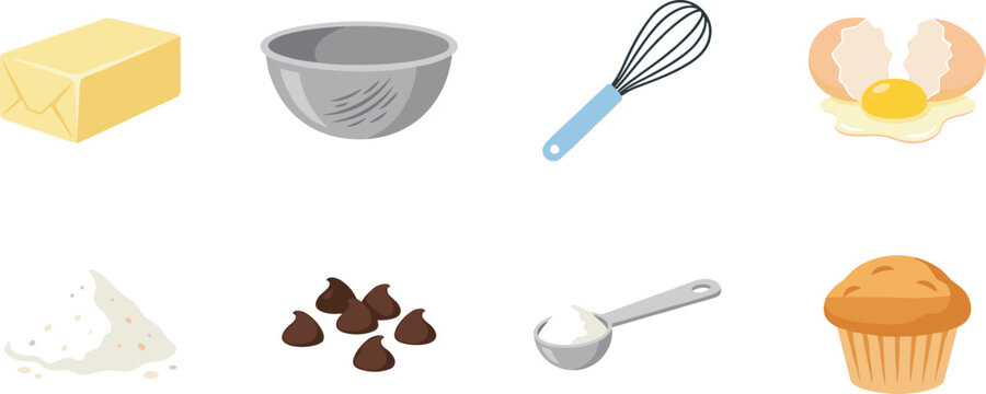 Vector illustration set of baking ingredients and kitchen tools for making muffins isolated on white background