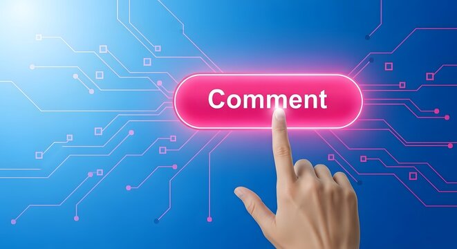 Finger pressing a glowing red button labeled 'Comment' on a digital interface with circuit lines.